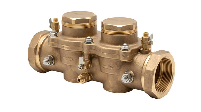Brass double check valve assembly for backflow prevention in plumbing and irrigation systems isolated on transparent background