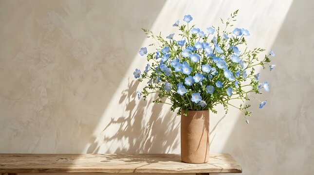 Blue flax flowers blooming in a cylindrical ceramic vase standing on a wooden console table illuminated by morning sunlight.