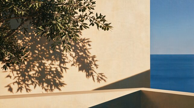 olive tree branch casting sunlit shadows on a sand colored wall overlooking a calm blue sea