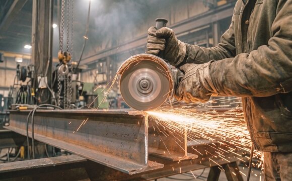 Industrial worker using angle grinder on steel beam with sparks flying in factory action photo