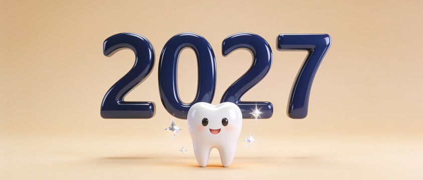 Cute cartoon tooth character smiling in front of dark blue 2027 numbers on a beige background in 3D render style.