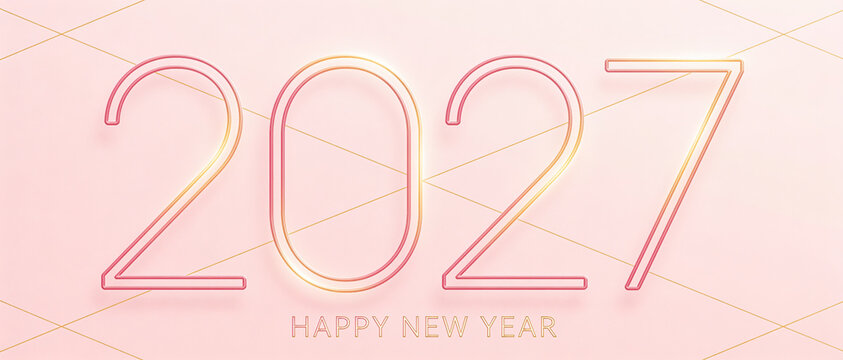 Number 2027 written in a thin neon line style on a pink geometric background with happy new year text