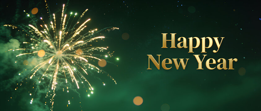 Golden Happy New Year text on dark green background with bursting fireworks and bokeh light effects