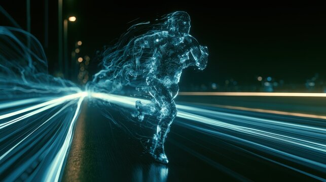 Man made of cubes runs along a digital road, leaving behind glowing trails
