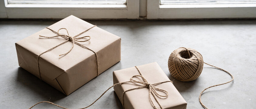 Two gift boxes wrapped in brown paper and tied with natural twine string sit on a floor near a ball of twine.