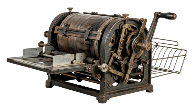 Mimeograph machine, classic hand-operated document duplicating machine with a broad cylindrical stencil printing drum, sturdy cast-metal side frame, large side turning crank and reinforced tabletop