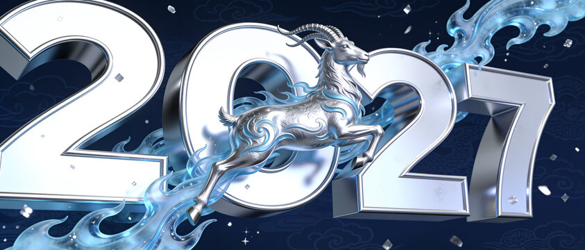 Metallic silver 3D numbers 2027 with a leaping goat figure surrounded by swirling blue water and sparks on a dark starry background.