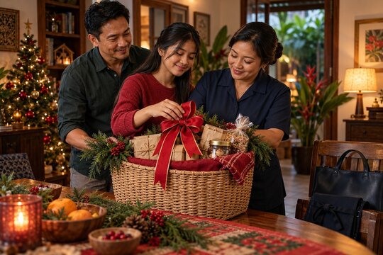 Family arranging Christmas gift hamper together at home