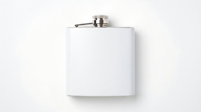 Minimalist stainless steel hip flask with white coating resting on a clean background studio