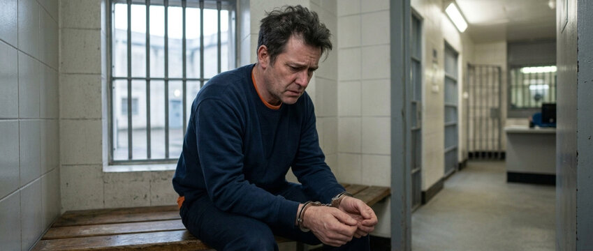 Man in Handcuffs Sitting in Prison Cell Looking Downcast and Defeated