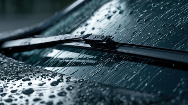 Car windshield with rain drops and frameless wiper blade closeup. 3d render
