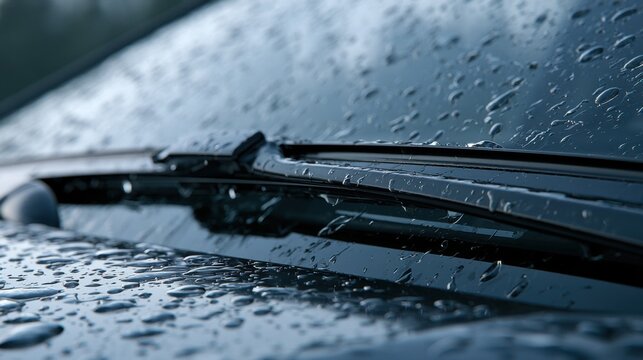 Car windshield with rain drops and frameless wiper blade closeup. 3d render
