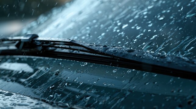 Car windshield with rain drops and frameless wiper blade closeup. 3d render
