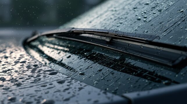 Car windshield with rain drops and frameless wiper blade closeup. 3d render
