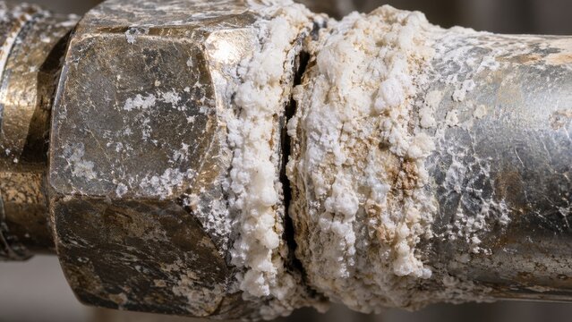 Close-up of corroded metal pipe joint encrusted with white mineral scale. Rust, limescale buildup and worn plumbing. Pipe deterioration, corrosion damage and maintenance concerns.