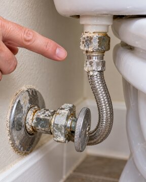 Finger pointing at corroded bathroom plumbing with mineral scale on pipe fittings. Limescale buildup and rust damage. Plumbing maintenance and repair inspection.