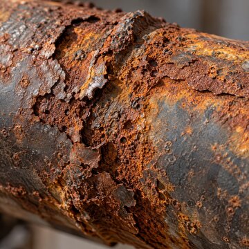 Extreme close-up of a severely corroded, rusted metal pipe with flaking surface. Industrial infrastructure deterioration and maintenance. Rust, corrosion and material decay concept.