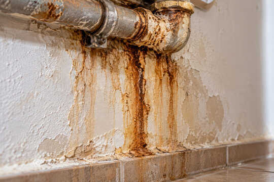 Corroded plumbing pipe with rust and mineral scale staining a peeling interior wall. Leaking pipe and water damage in a building. Plumbing maintenance and repair.