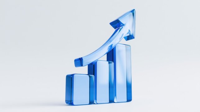 3D growth chart icon with arrow isolated on white background, concept of business success and progress. Transparent Liquid Glass icon. 3D rendering.
