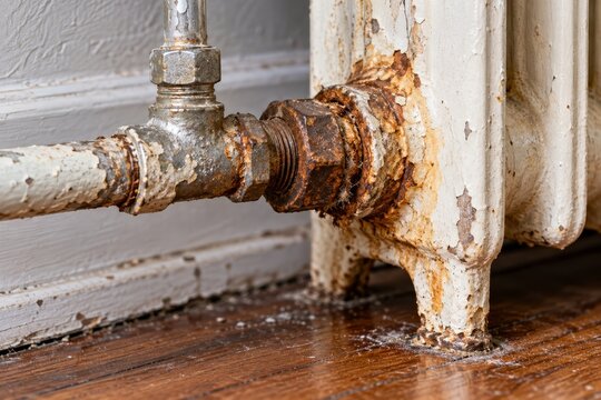 Rusty, corroded pipe joint connected to a peeling old radiator. Mineral scale and worn plumbing in a building. Plumbing maintenance and repair. Water damage and corrosion prevention.