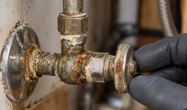 Gloved hand turning a corroded plumbing valve covered in rust and mineral scale. Repairing a worn water pipe connection. Plumbing maintenance and home repair. Corrosion and hard water damage
