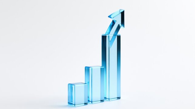 3D growth chart icon with arrow isolated on white background, concept of business success and progress. Transparent Liquid Glass icon. 3D rendering.
