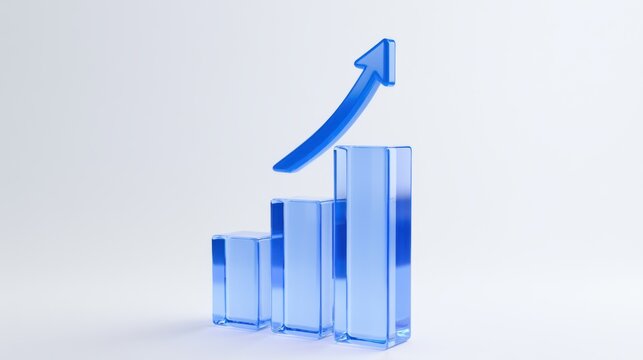 3D growth chart icon with arrow isolated on white background, concept of business success and progress. Transparent Liquid Glass icon. 3D rendering.

