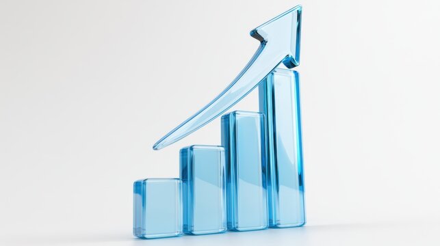 3D growth chart icon with arrow isolated on white background, concept of business success and progress. Transparent Liquid Glass icon. 3D rendering.
