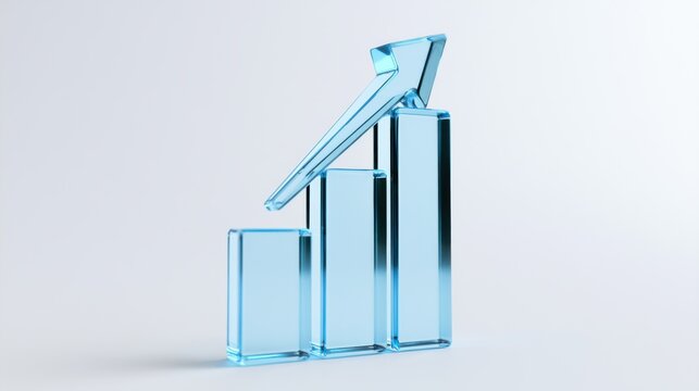 3D growth chart icon with arrow isolated on white background, concept of business success and progress. Transparent Liquid Glass icon. 3D rendering.

