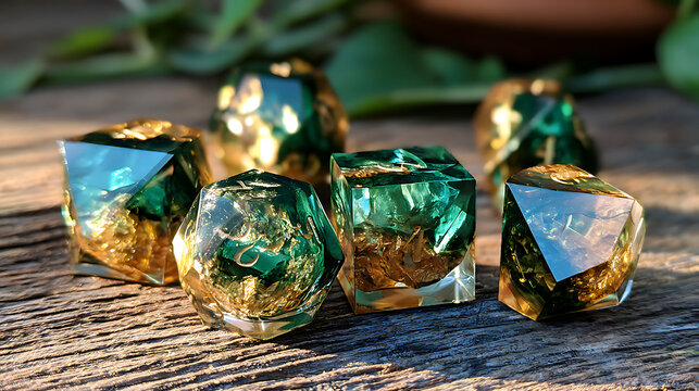 Luxurious emerald green and gold geometric resin crystals with transparent faceted surfaces and shimmering metallic inclusions. Elegant decorative objects arranged on rustic wood in warm natural sunli