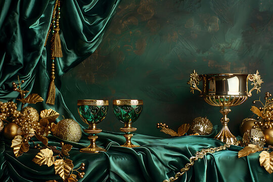 Luxurious emerald green and gold Christmas still life featuring ornate goblets, decorative golden chalice, shimmering ornaments and rich velvet fabric. Elegant festive composition with sophisticated v