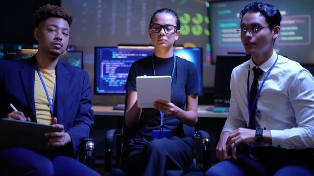 Asian engineer raises his arm high to point at the display as the Latina woman holds a stylus to her chin in thought and the Black colleague with a tablet watches, close front view