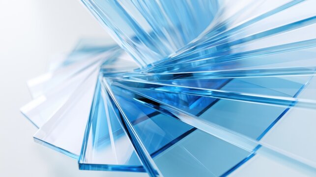 Abstract 3d render background, blue translucent glass plates arranged in a geometric spiral. Modern transparent crystal layers with light refraction and soft
