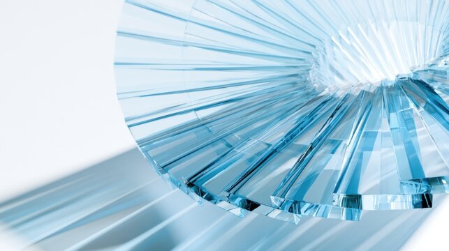 Abstract 3d render background, blue translucent glass plates arranged in a geometric spiral. Modern transparent crystal layers with light refraction and soft

