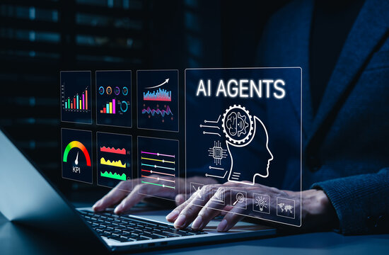 AI Agent Concept. Person interacts with AI agent technology, analytics charts, performance KPIs, symbolizing artificial intelligence in business innovation. data analysis for business intelligence,