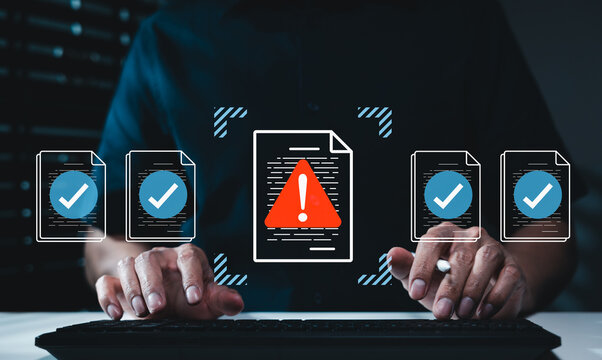 Document risk review concept. Person typing keyboard to approve files. compliance audit, warning report, error detection, policy checking, validation control, secure workflow, business risk management