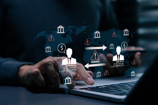 Banking fraud risk and financial transaction monitoring concept. global money transfer, warning alerts, customer profiles, bank icons, compliance checks, AML anti-money laundering, and cybersecurity