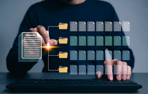 Digital document organization and records management concept. Person using computer, sorting files into folders through workflow for archiving, classification, storage, retrieval, office data control