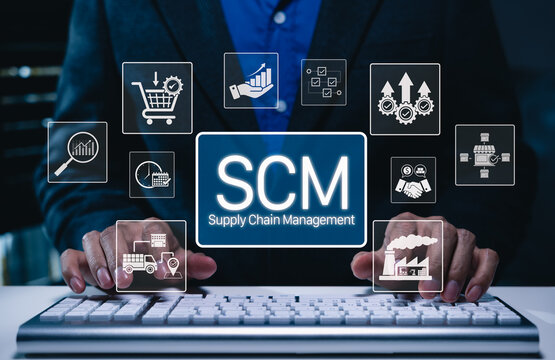 SCM, Supply Chain Management and Logistics System Concept. Businessman using computer with icons representing supply chain, logistics, procurement, inventory, distribution, manufacturing processes