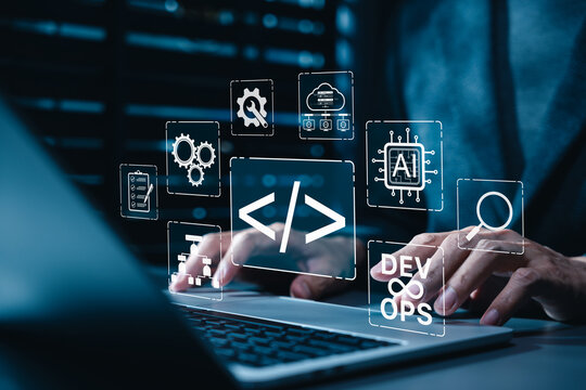 DevOps and AI integration in software development process concept. Developer working on laptop with digital coding icons, automation, programming, cloud computing and machine learning technology.