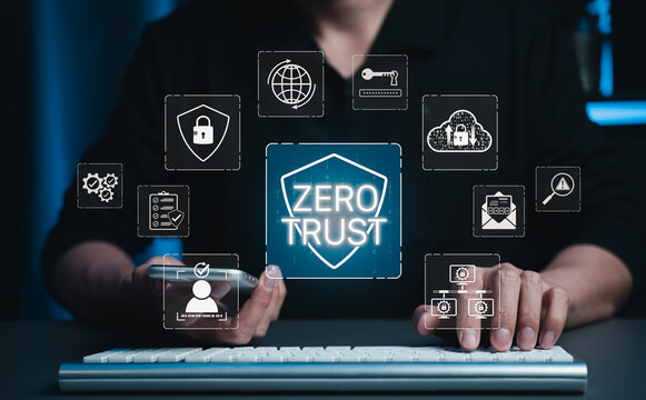 Zero trust security and identity access protection concept. Man using computer with shield, lock, cloud, password, verification, checklist, user authentication, compliance, cybersecurity control icons