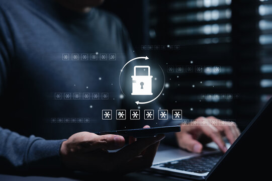 Password Reset Security and Forgotten Password Recovery Concept. User using smartphone and laptop with padlock, hidden passcode, and refresh arrows showing secure login recovery and account protection