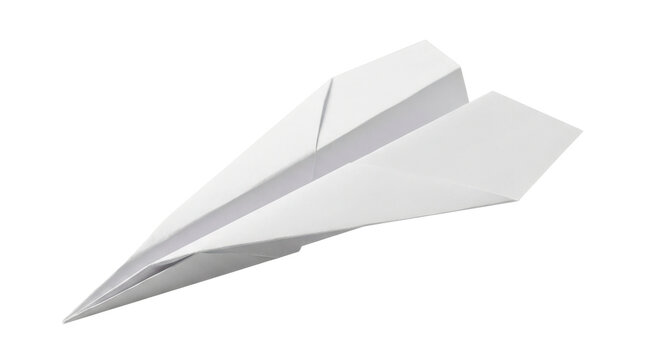 Simple white paper airplane folded from a single sheet of crisp paper, with a sharply pointed nose, symmetrical triangular wings and clean precise creases. Photorealistic studio stationery