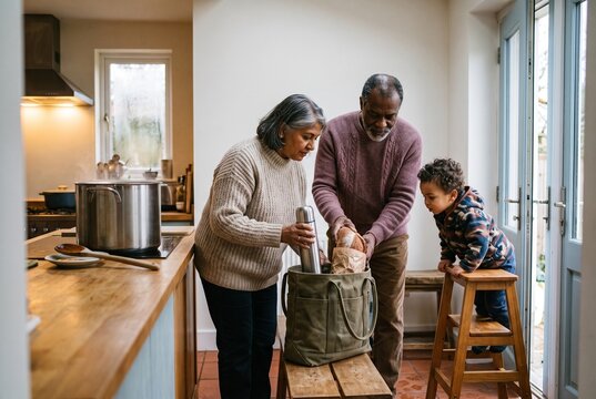 Loving grandparents and their young grandson packing a canvas bag with a loaf of bread and thermos in a cozy home kitchen before going out for a family picnic