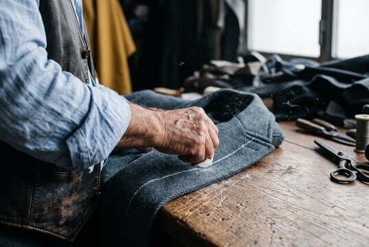 Close up of a skilled male tailor drawing a chalk line on a grey wool jacket lapel on a wooden workbench with scissors and sewing tools