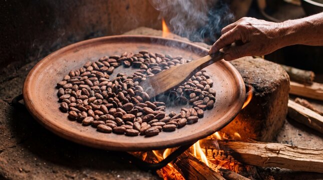 Cacao Beans Roasting on Clay Griddle Over Wood Fire at Farm Kitchen