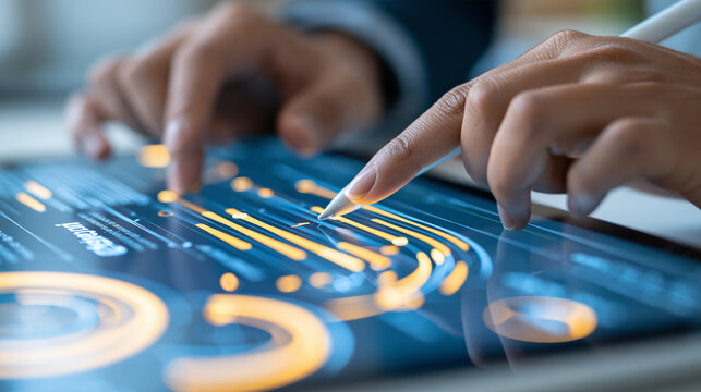 Faceless close-up of hands navigating a personalized learning dashboard on a tablet, progress bars, course modules and completion indicators visible as generic interface elements,