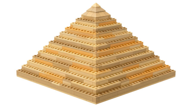 Brick pyramid model, completed geometric toy pyramid built from tightly stacked interlocking plastic bricks, with four broad triangular stepped sides, a square base and a precisely formed pointed