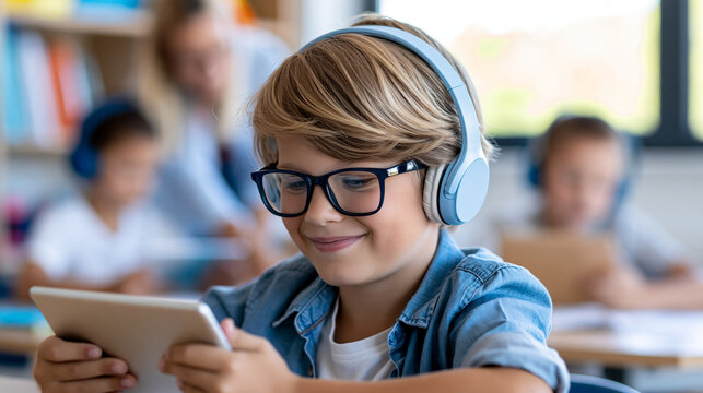 Elementary school classroom with students using headphones and tablets at separate learning stations, teacher assisting one child in the background, blended education, digital