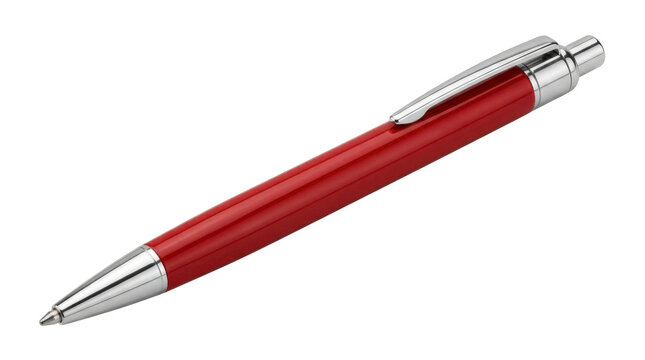 Sleek red ballpoint pen with a smooth glossy cylindrical barrel, polished silver metal tip, matching pocket clip and streamlined professional stationery design. Photorealistic studio product